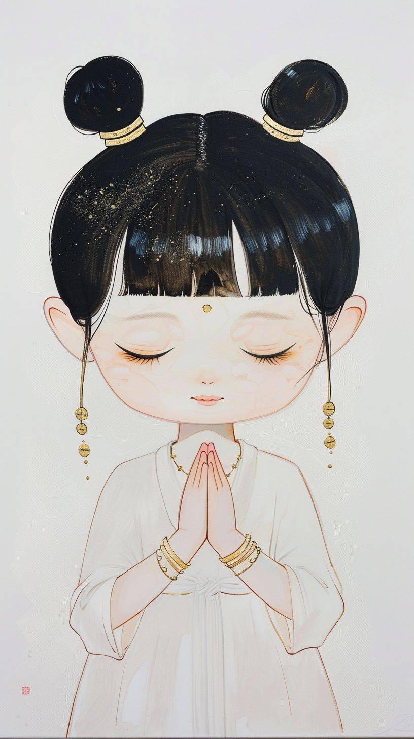 Gongbi painting depicting a 5-year-old black-haired Chinese girl from the Tang Dynasty practicing yoga. She is wearing a white dress and adorned with gold jewelry. With a round face and a minimalist portrait with geometric shapes, the artwork features a white background and a fresh new pop art illustration style. The character is portrayed in a cartoonish manner, with a close-up view of the head, bold lines, and a cartoon print.