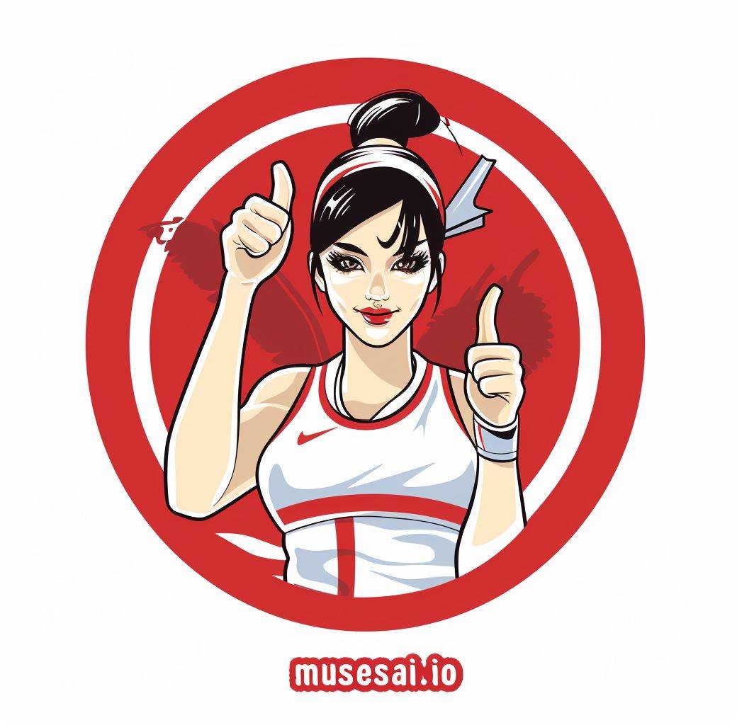 The logo consists of abstract style shapes. A Chinese girl wearing white and red sports with her hands up giving a thumbs up in the middle of a circular badge 