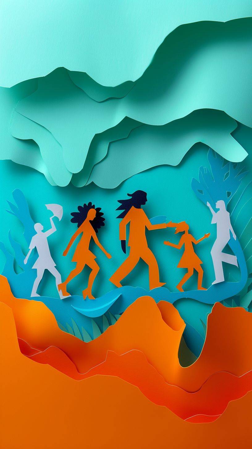 男女の子供とティーングルが遊ぶカラフルな紙工作のイラスト。色はオレンジとティールです。