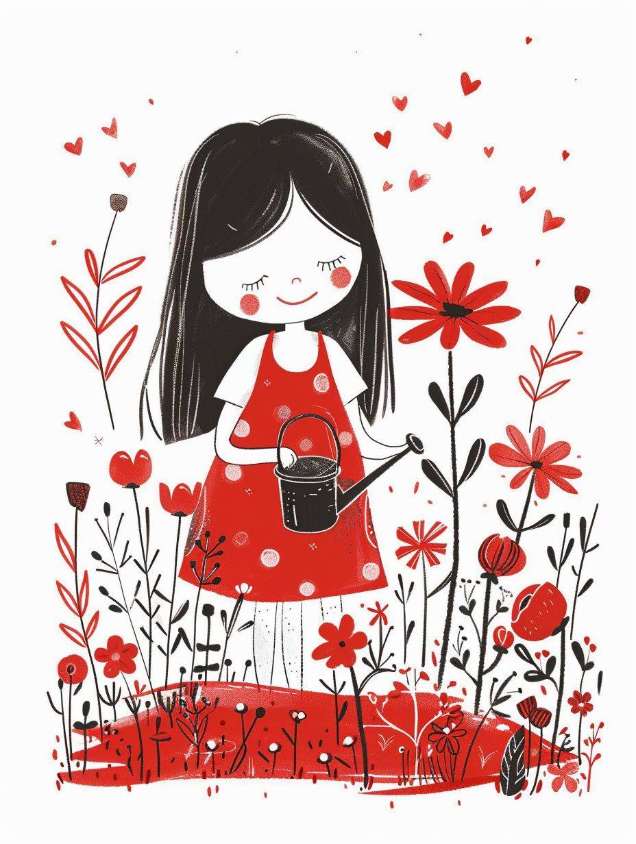 Gemma Correllによる、赤いドレスを着た5歳の少女が花の鉢に水をやる姿。シンプルな線で描かれ、白黒の背景。 