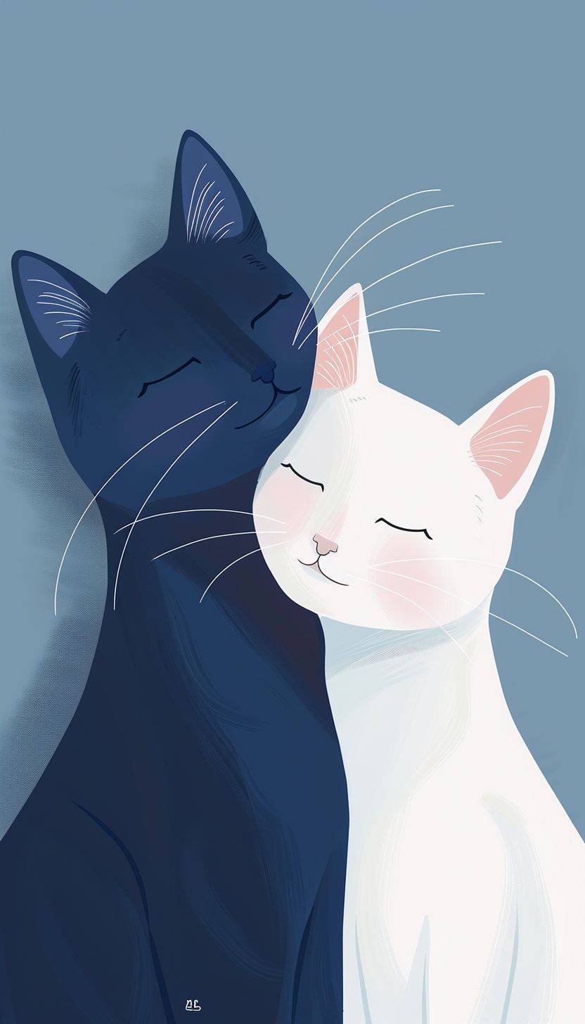 This image portrays two cats in a loving embrace. On the left, there's a navy blue cat with its eyes closed, showing a contented facial expression with a slight smile, indicative of affection or comfort. Its ears are pointed and the inner ear is a pale pink, which matches its nose. This cat appears to be nuzzling the white cat beside it. The cat on the right is white, also with its eyes closed and a joyful, serene expression on its face. Its nose and the inner ears are light pink, similar to the blue cat, and it has a few simple lines for whiskers. The white cat seems to be completely at ease, with its head gently resting against the blue cat's face. Both cats are illustrated in a minimalist style, with little to no detailing beyond the necessary features to convey emotion. The background is a cool, muted grey-blue tone that doesn't detract from the subjects. The cats' embrace looks quite human-like in its portrayal of warmth and companionship, suggesting a deep bond between the two. The simplicity of the design, with its block coloring and absence of intricate details, gives the image a modern and stylized look.