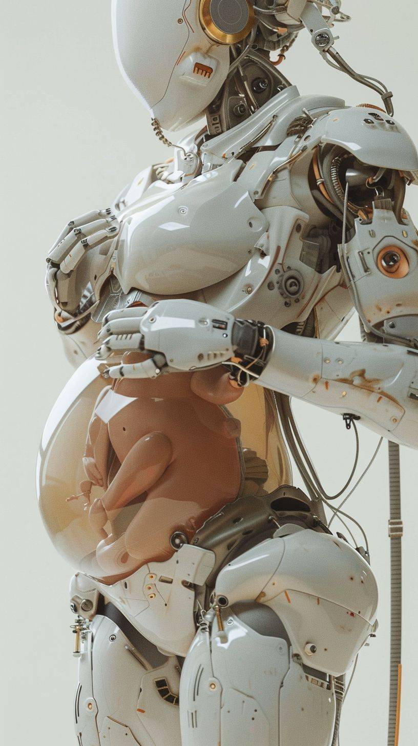An albino female robot holding her transparent pregnant belly with a robot fetus inside in the style of David Uhl, with a white and beige color palette, in a full body shot.