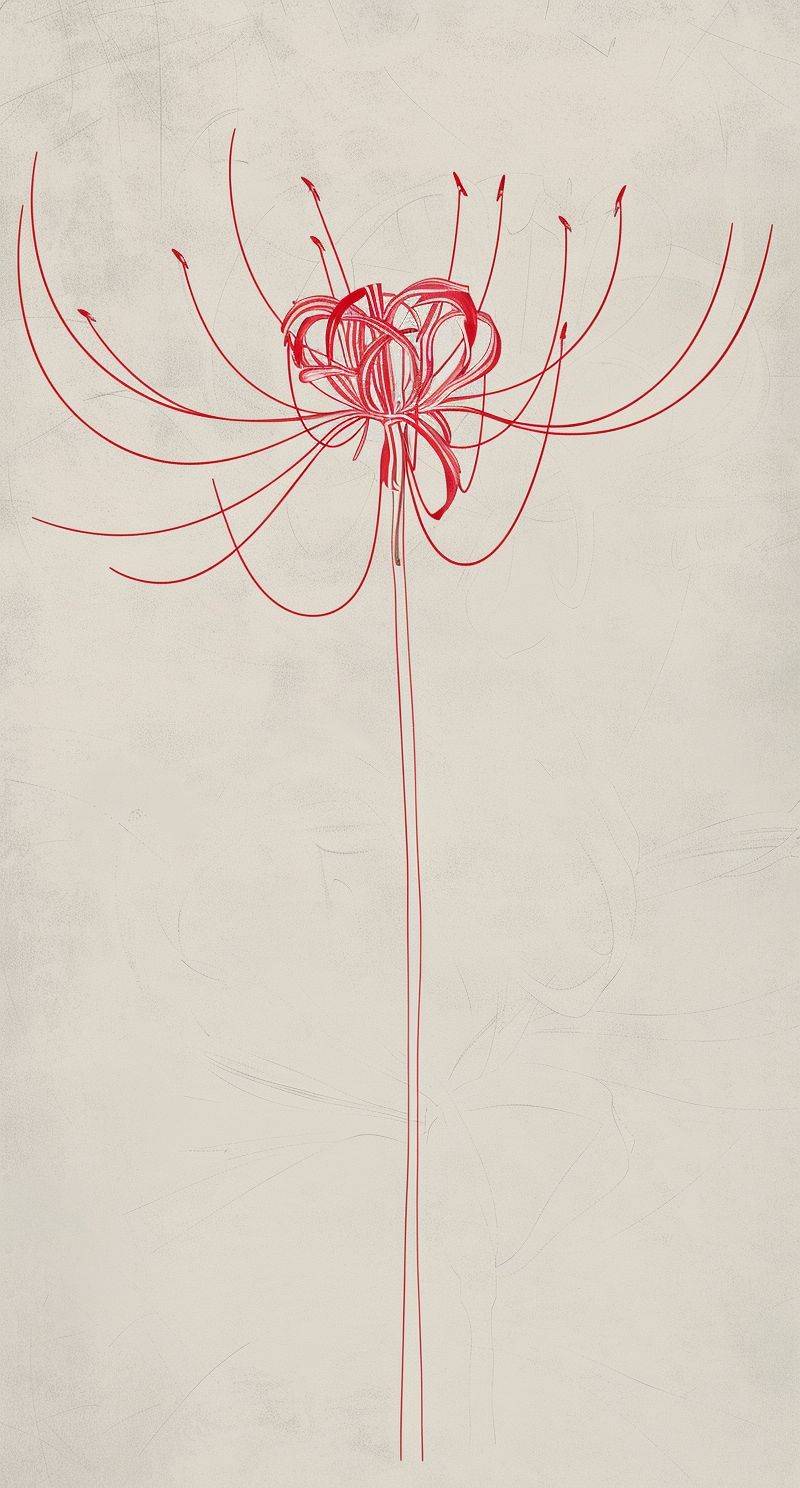 A simple drawing of an abstract spider lily flower with a long stem, done in red ink on a grey background with thin lines in the elegant calligraphic style of a simple design that uses negative space on a white background in a minimalistic style.