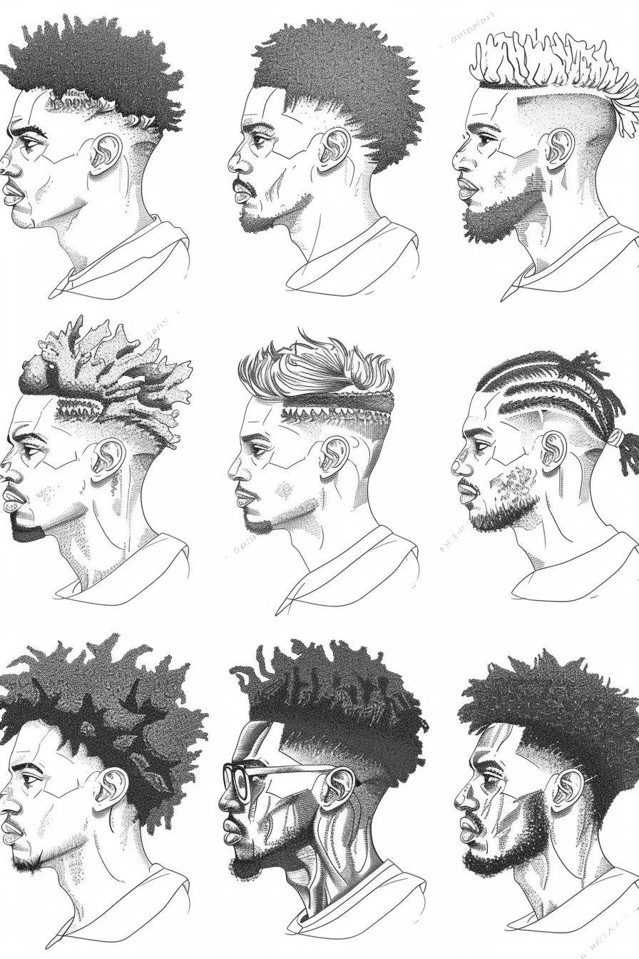 A simple coloring book page with a vector set of black men with different hairstyles on a white background, outlined in thick lines, with an aspect ratio of 2:3 and a stylization of 250.