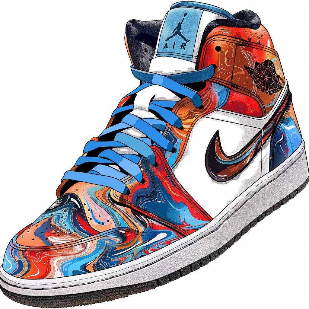 A nike air jordan in a style of Water Marbling, white background