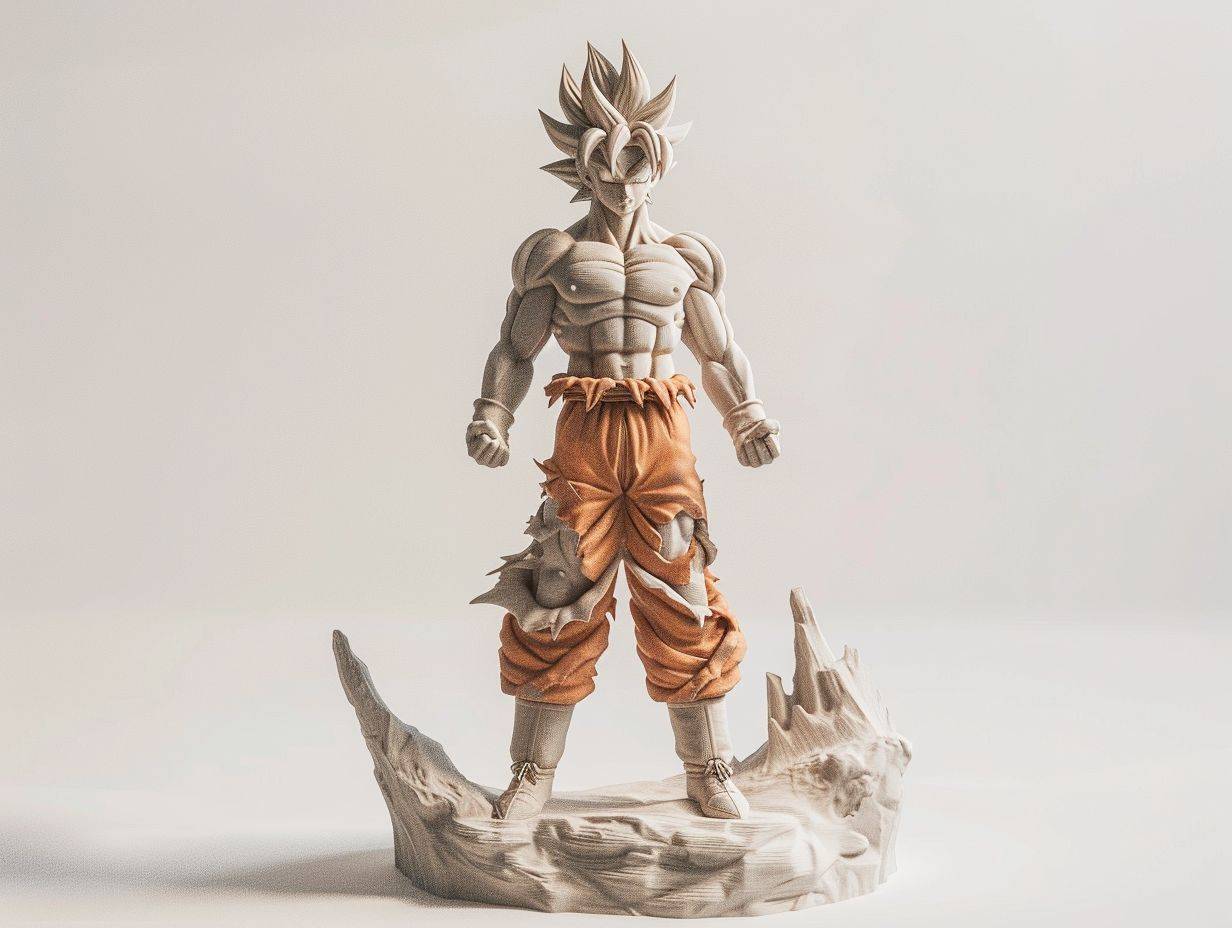 3D model of Goku, The character is standing on a rock in a battle-ready pose. The texture is white clay with a white background. 50mm lens, featuring soft shadows, low contrast, and clean sharp focus
