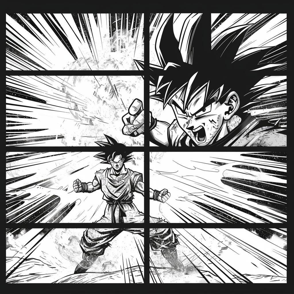 Goku, comic book page with panels, black and white ink, action scene, dynamic angles