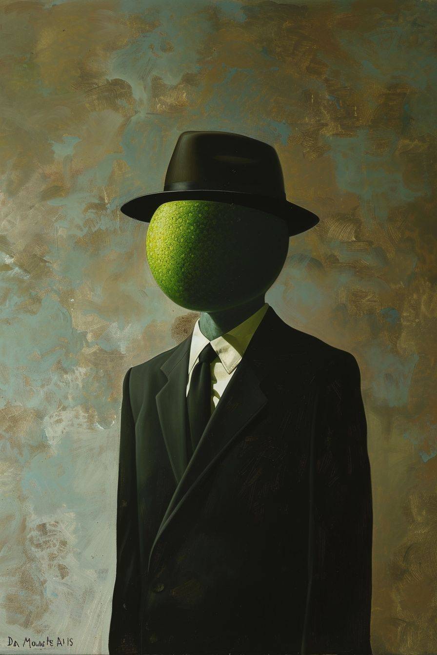 A painting in the style of applecore, graceful surrealism, dan mcpharlin, david normal, iconic works of art history, óscar domínguez, featuring a man in a suit and hat with green hair and distinctive noses