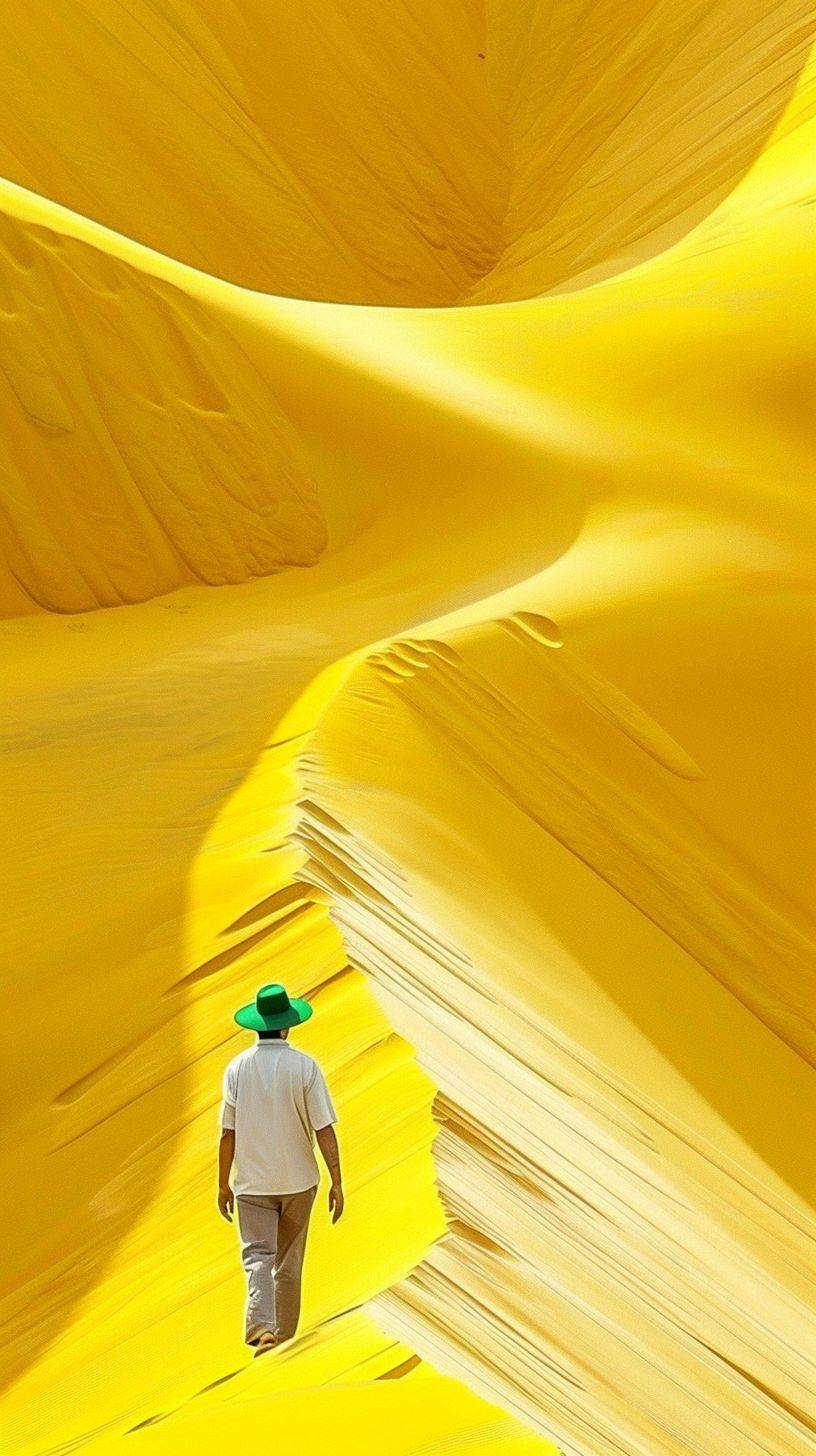 A man in a green hat reaching down onto a dune field, in the style of minimalist geometry, yellow and white, Shigeru Aoki, Igor Zenin, urban landscapes, Uemura Shoen, monochromatic color schemes