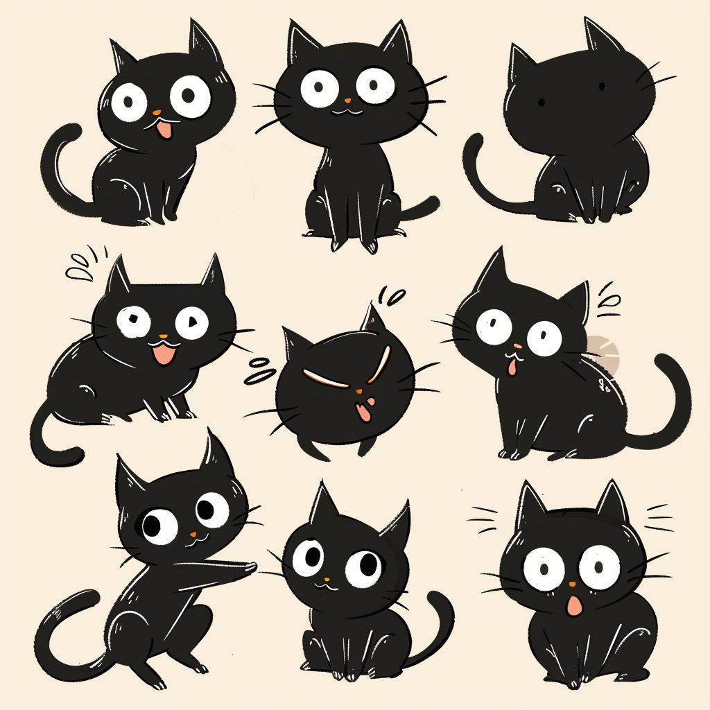 A cute black cat with multiple poses and expressions, drawn in line drawing style with dark white and light beige colors, loose and simple gestures, simple line work, lacquer painting, and thick texture. The style is cute, presented as an emoji illustration set with bold manga line style and dynamic poses.
