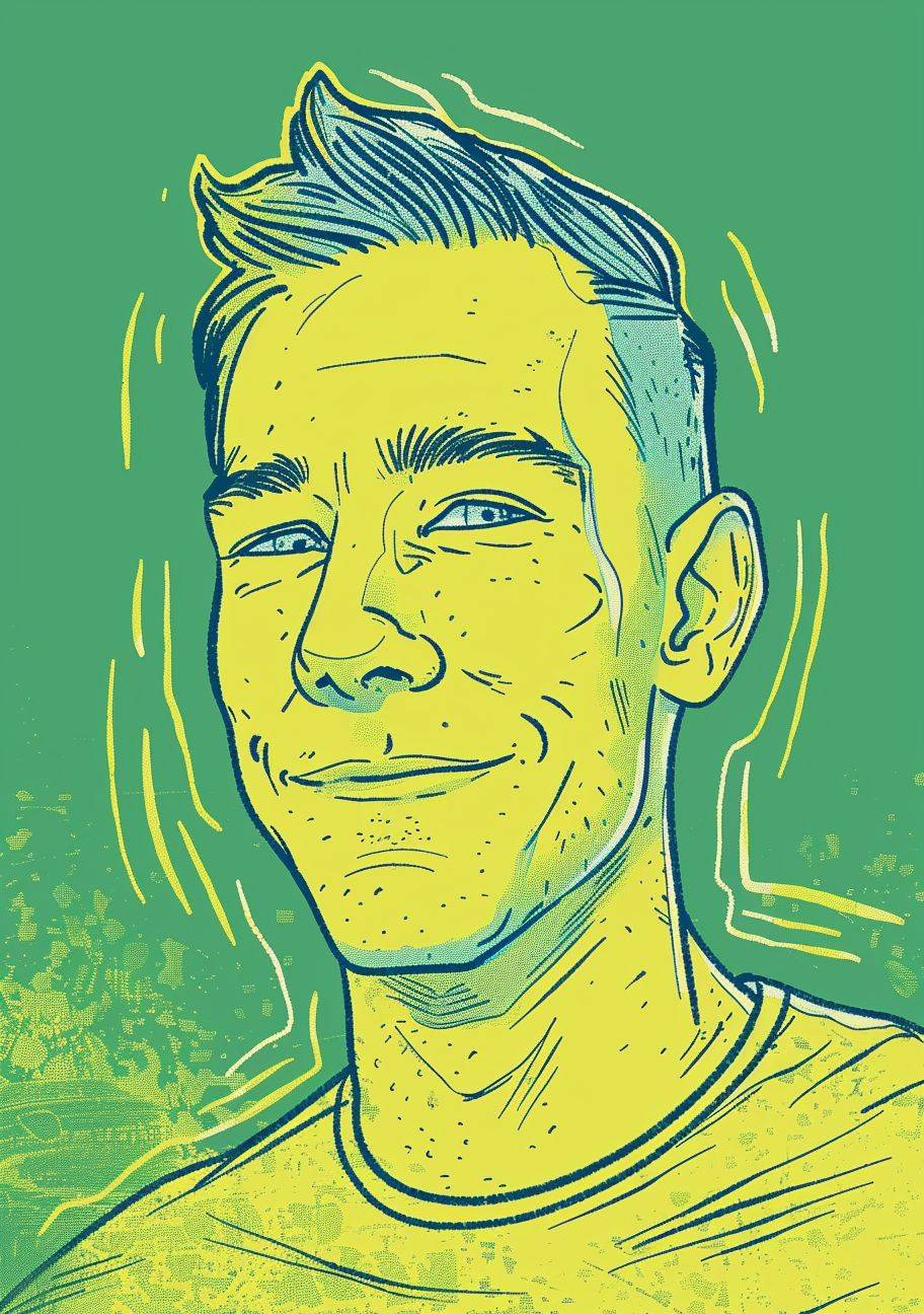 A drawing of an average man in his thirties with short hair, looking straight ahead and smiling slightly. The background is green with yellow highlights. Use the colors teal blue and lime green for coloring. In the style of children's book illustration.
