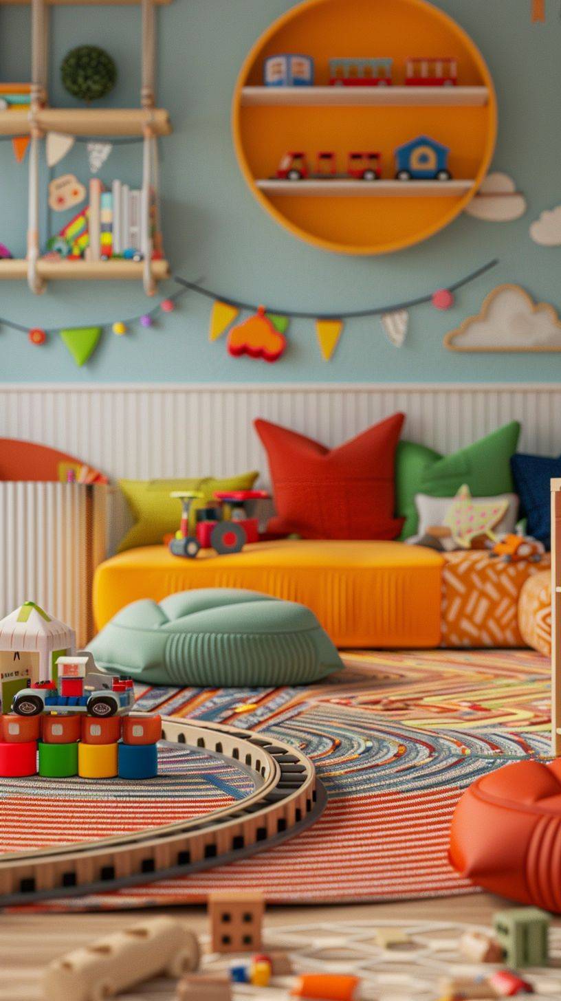 Play room, kids room, toys, children's railway in the middle of the room, bright soft colors, 2.5D, 3D art, C4D, Octane rendering, 3D render, ray tracing, clay materials, Pixar trend, POPMART blind box, coastal color palette, mockup, clean background, fine luster, Soft focus, blender, IP, best quality