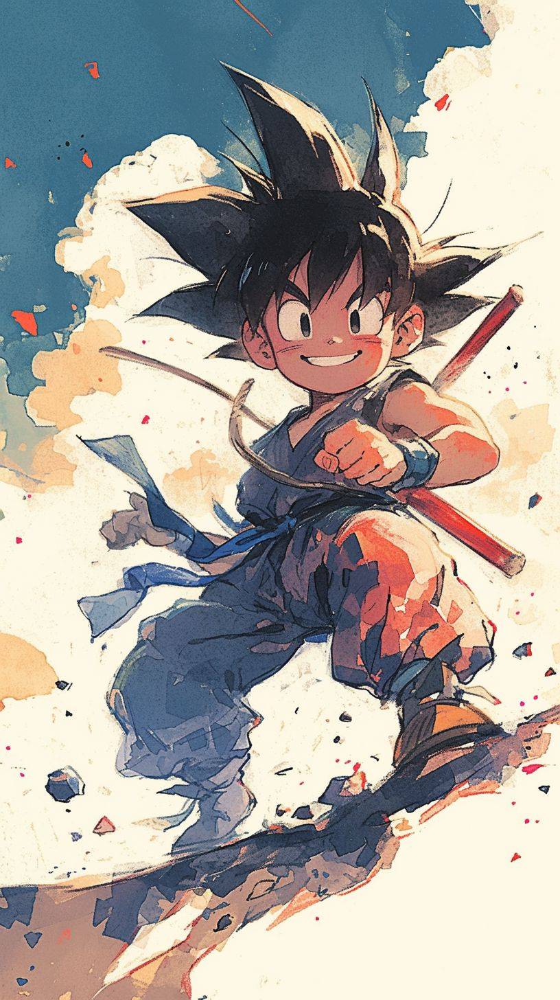 Little Goku in the anime Dragon Ball, colour pencil, vintage aquarelle, collage, dabbed brushstrokes, dark outlines, white background, strong visual flow