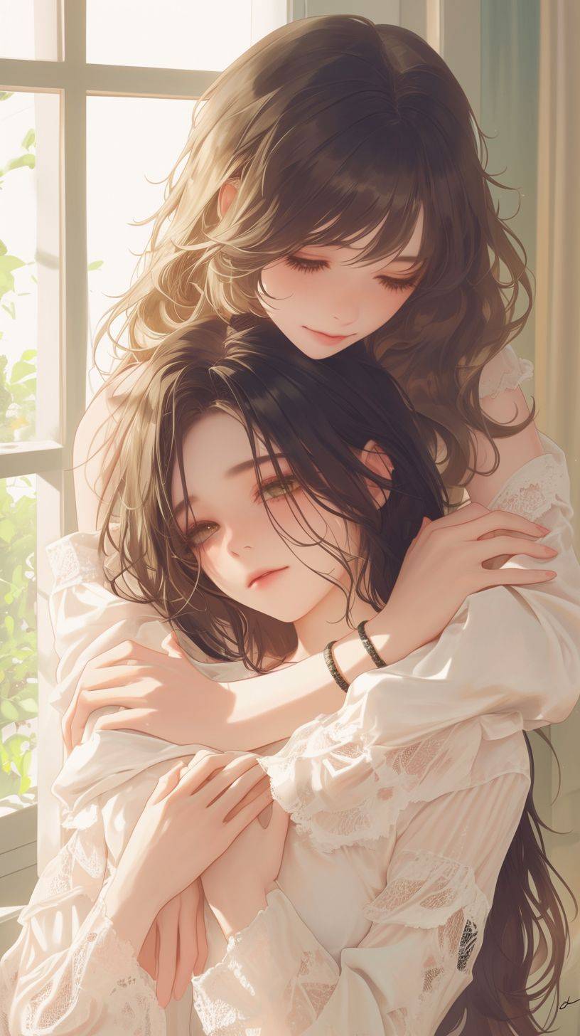 Love relationship between women, two girls cuddly embrace together, leak out sweet smile, gentle eyes, youthful vitality, 4 arms, 20 fingers, do not appear extra arm fingers, 8k image quality