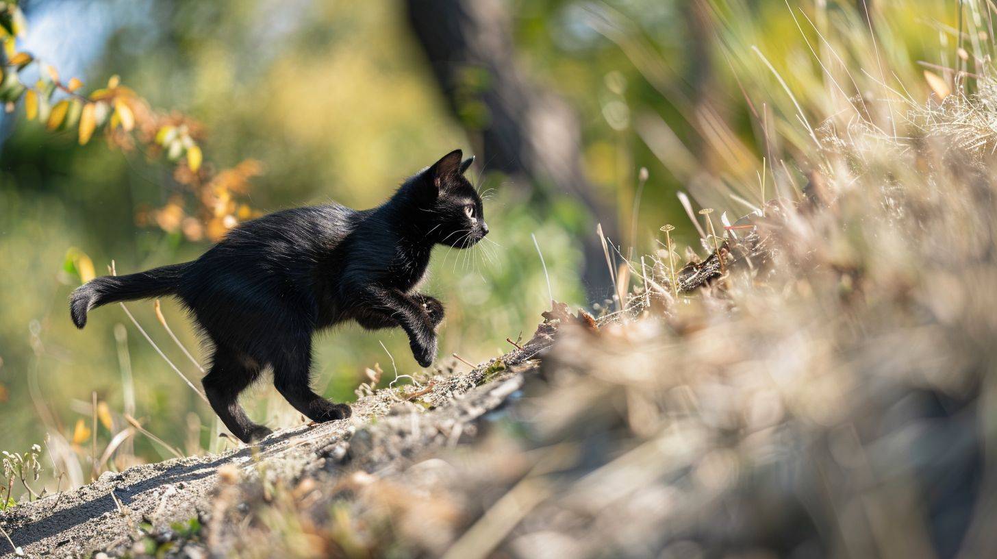 A little black cat runs to the left on a clean embankment, side view, flat angle, surrealism, Nikon D850, Nikkor AF-S 24-70mm f/7.0E ED VR, high detailed--style raw--aspect ratio 16:9