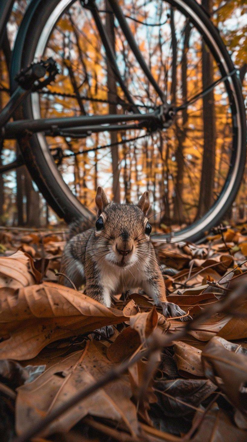 A squirrel crawling through a bicycle wheel