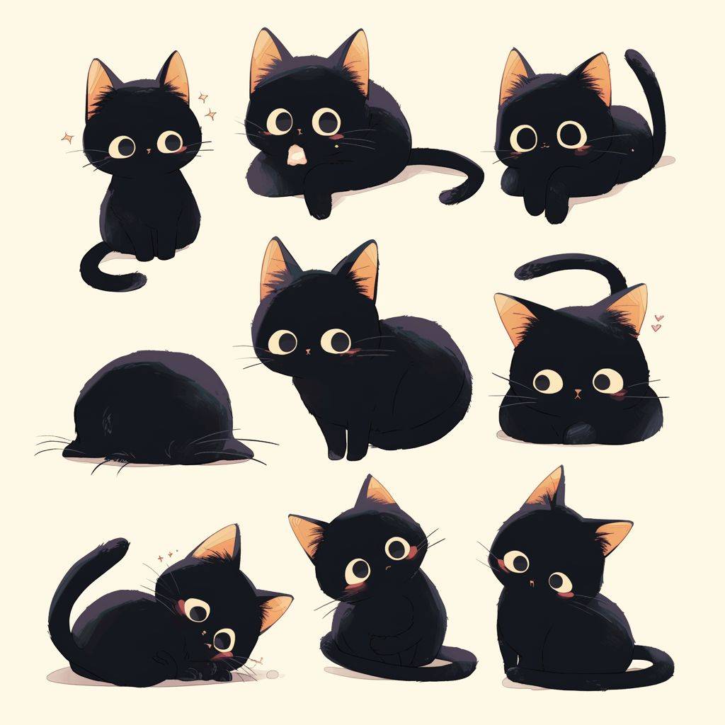 可愛らしい黒い猫、様々なポーズと表情、ラインドローイングスタイル、ダークホワイト、ライトベージュ、ルーズなジェスチャー、シンプルなラインワーク、漆絵風、厚い質感、可愛いスタイル、絵文字イラストセット、大胆なマンガラインスタイルの動的ポーズ。