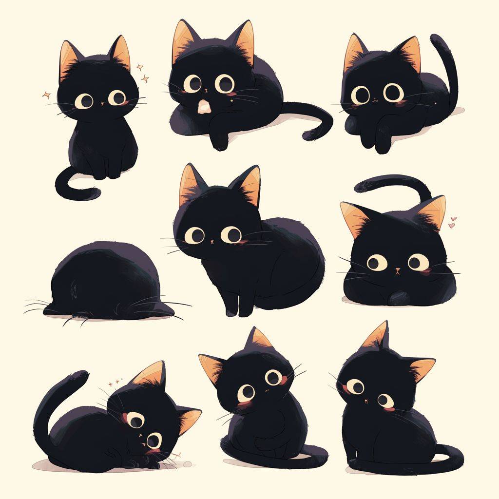 A cute black cat with multiple poses and expressions, drawn in line drawing style with dark white and light beige colors, loose and simple gestures, simple line work, lacquer painting, and thick texture. The style is cute, presented as an emoji illustration set with bold manga line style and dynamic poses.