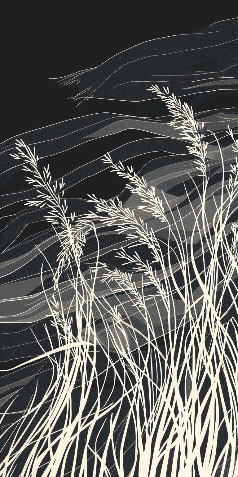 An artful, minimalist design of smooth cord grass (Spartina alterniflora) swaying in the breeze. Depicted in curved lines of dark grey and white, with the background removed. In the style of a linoleum print. The design evokes the easy, graceful beauty of the natural world.