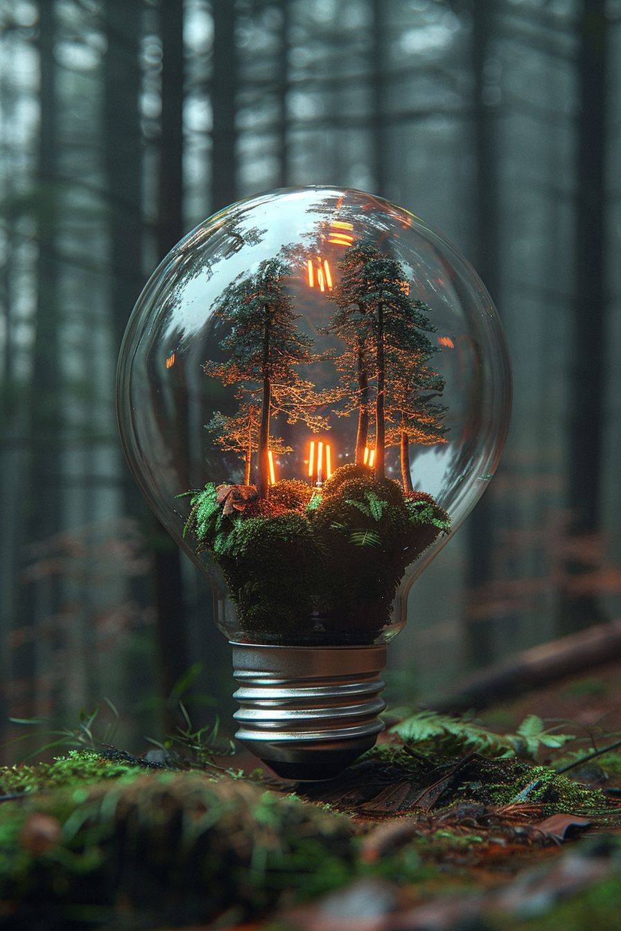 Trees in inside a light bulb, nature in the background