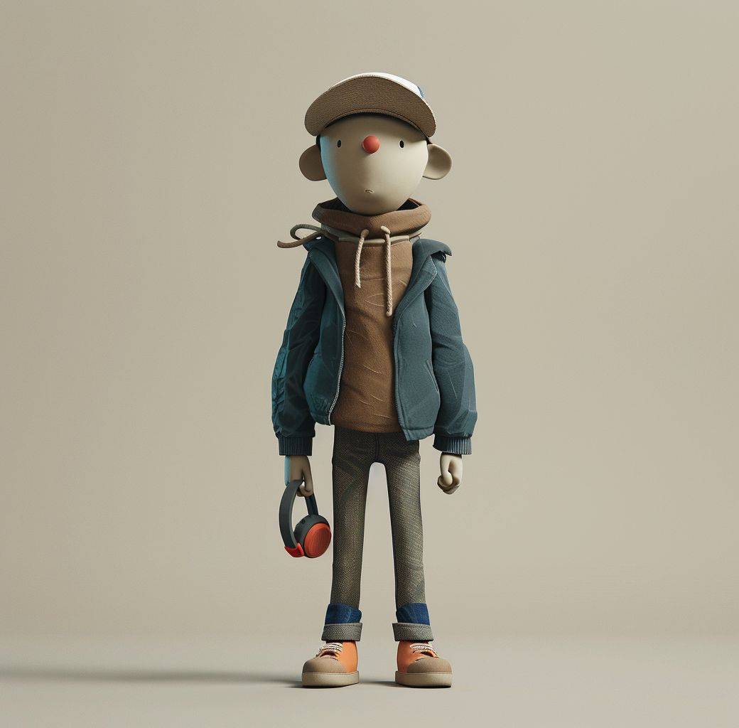 A small, figure standing with accessories, in the style of cartoonish style, dark blue and beige, hyper-realistic, cartoon-like characters, ray tracing, rich and tonal, cartoon-inspired pop