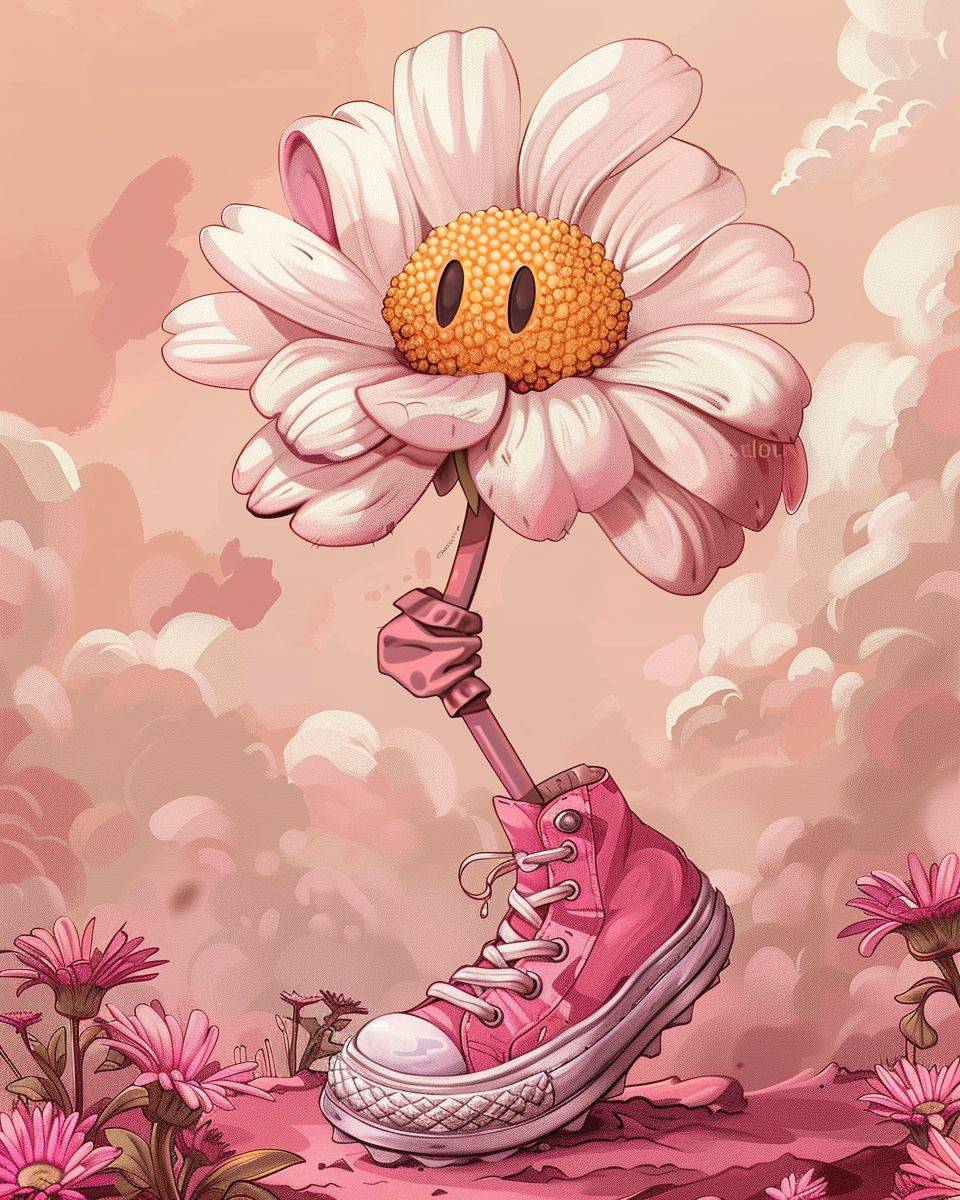 A flower walking in pink sneakers, in the style of cartooncore, babycore, smilecore, cartoonish features, goosepunk, light brown and white, pictorial-style raw