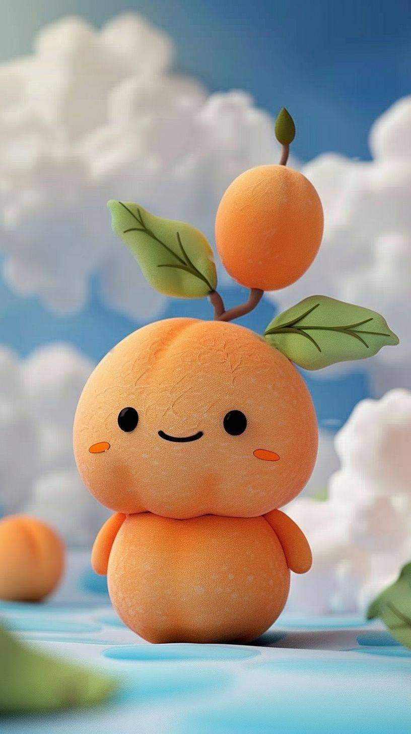 Cute plush little orange, IP image, front, pure sky blue background, 32k uhd, oshare kei, soft and romantic scenes, cute and colorful detail character design, Behance, Haipai, organic sculpture, C4D style, 3D animation style character design, cartoon realism, funny character design, 8k, highest quality