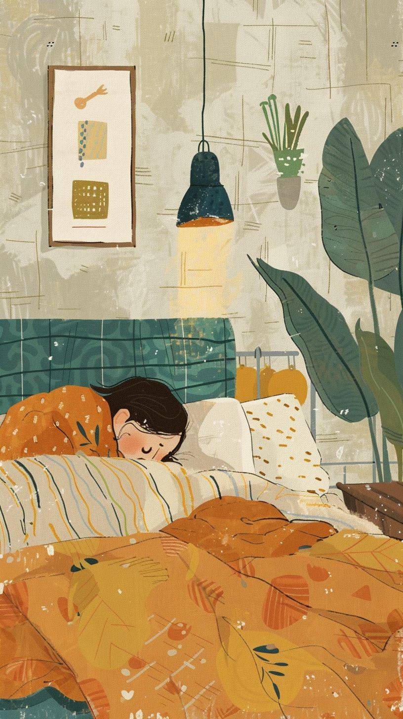 Children's book illustration, minimalist print of a 5-year-old girl's bedroom, afraid and scared in her bed, scared in the style of soft hues, Scandinavian art, boho aesthetic, impasto texture, isolated elements, geometric composition.