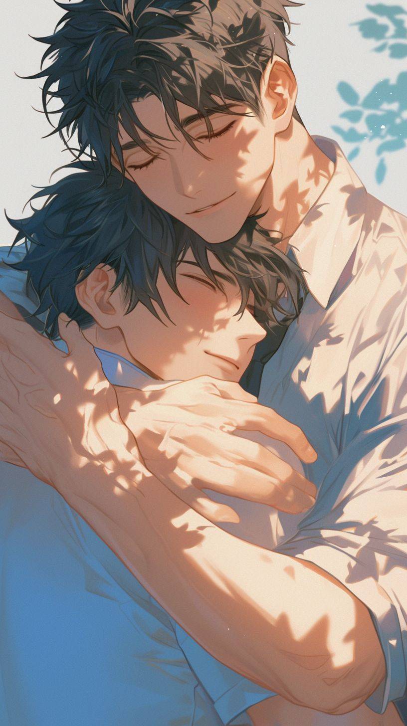 Love relationship between men, two boys, cuddly embrace together, leak out sweet smile, gentle eyes, youthful vitality, 4 arms, 20 fingers, do not appear extra arm fingers, 8k image quality --ar 9:16 --niji 6