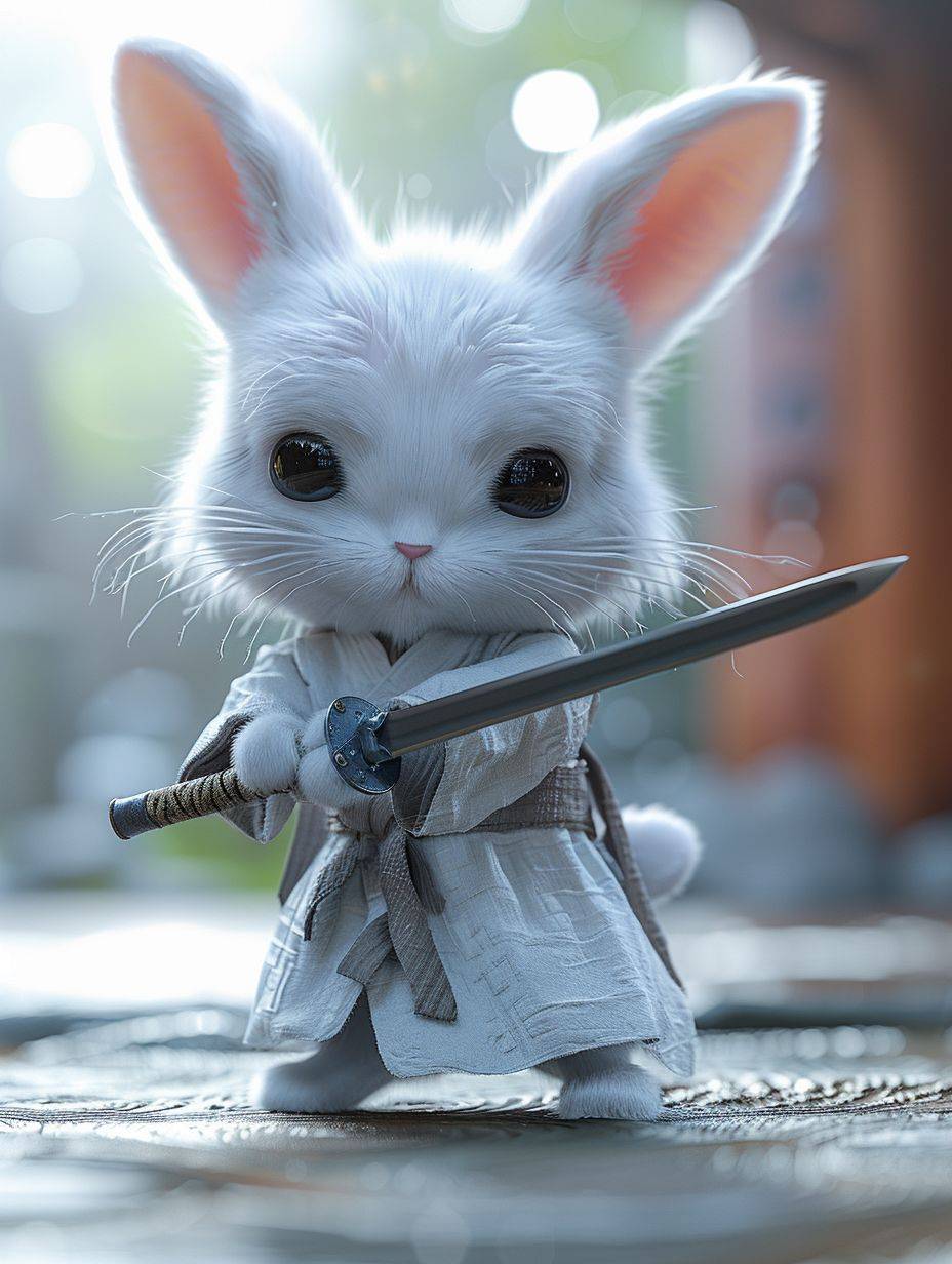 Cute, adorable, fluffy, and slender white bunny. The bunny is a Taoist immortal with a Taoist sword. Funny facial expressions, Taoist gestures and movements. The white background is white with only a moon in the upside, noting else in the background. 3D figures, elongated shapes, cartoon style, minimalist.