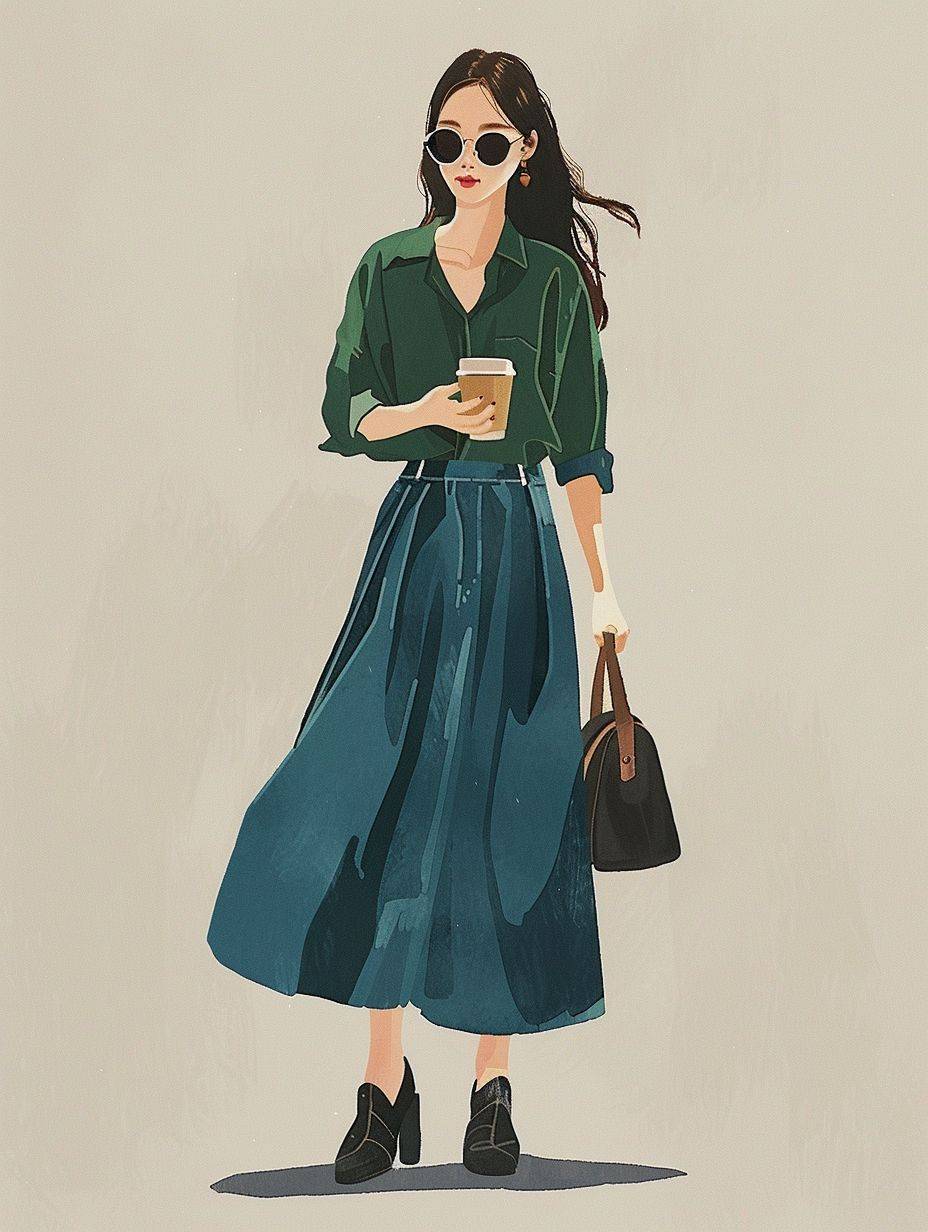 A Korean model is wearing an emerald green shirt, blue long pencil denim skirt and black shoes. She has sunglasses on her face, holding coffee in one hand and carrying the bag with both hands. simple background, in the style of fashion illustration, full body shot, front view, simple details, simple coloring, flat color illustration, flat painting, 2D --ar 3:4