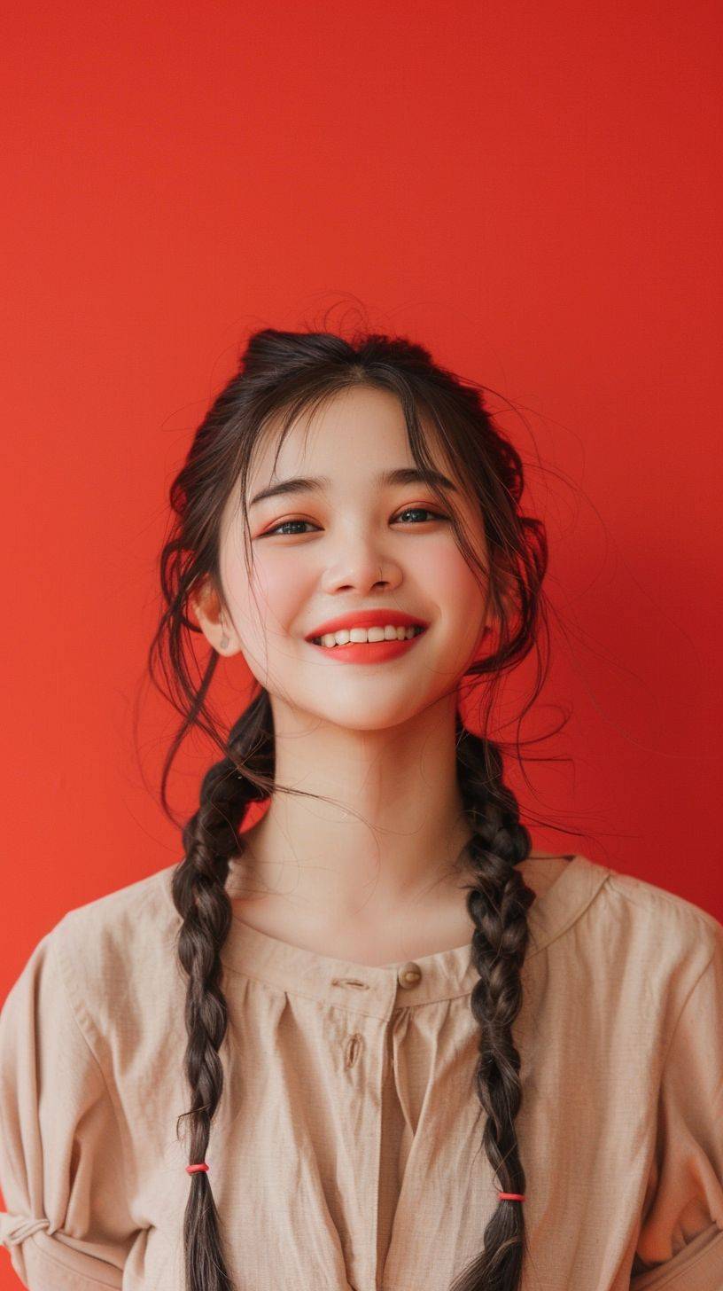 A 20-year-old Asian woman with black hair, Fried Dough Twists braid, smiling, plain, healthy, lively and youthful, beige daily life clothes, red background, half body, model, various postures, and gestures --ar 9:16