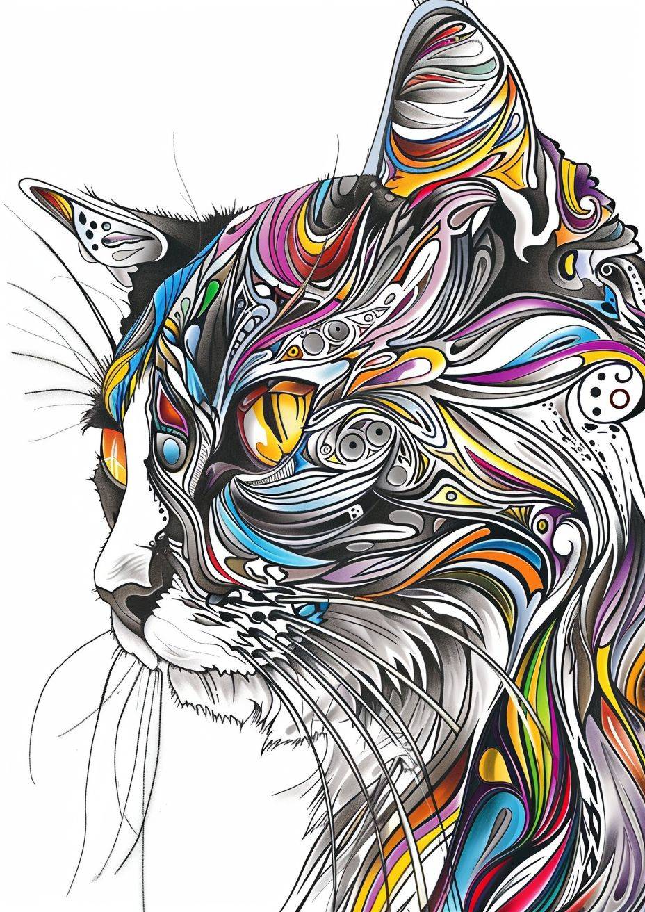 Please create an adult colouring book, please use only the color of white and black. Create realistic and artistically expressive portraits of animals. Capture the vibrant colors and intricate details that make each animal unique. Whether it's a home cat, Siamese, bring out the essence of each creature in a way that is both visually stunning and emotionally resonant. Use a diverse color palette and experiment with artistic styles to convey the diversity and beauty of the animal kingdom. Let your creativity flow and evoke a sense of awe and appreciation for the natural world through these animal portraits