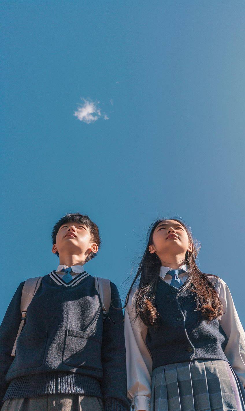 中国の高校生2人、男子と女子、制服を着て、晴れた空の下で空を見上げる、広角写真、広告ポートレート写真、高品質