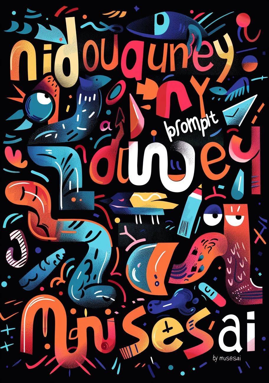 "Midjourney prompt by musesai", in the style of colorful cartoonish style typography, on a black background, vector design, flat color, vector illustration, simple, colorful.