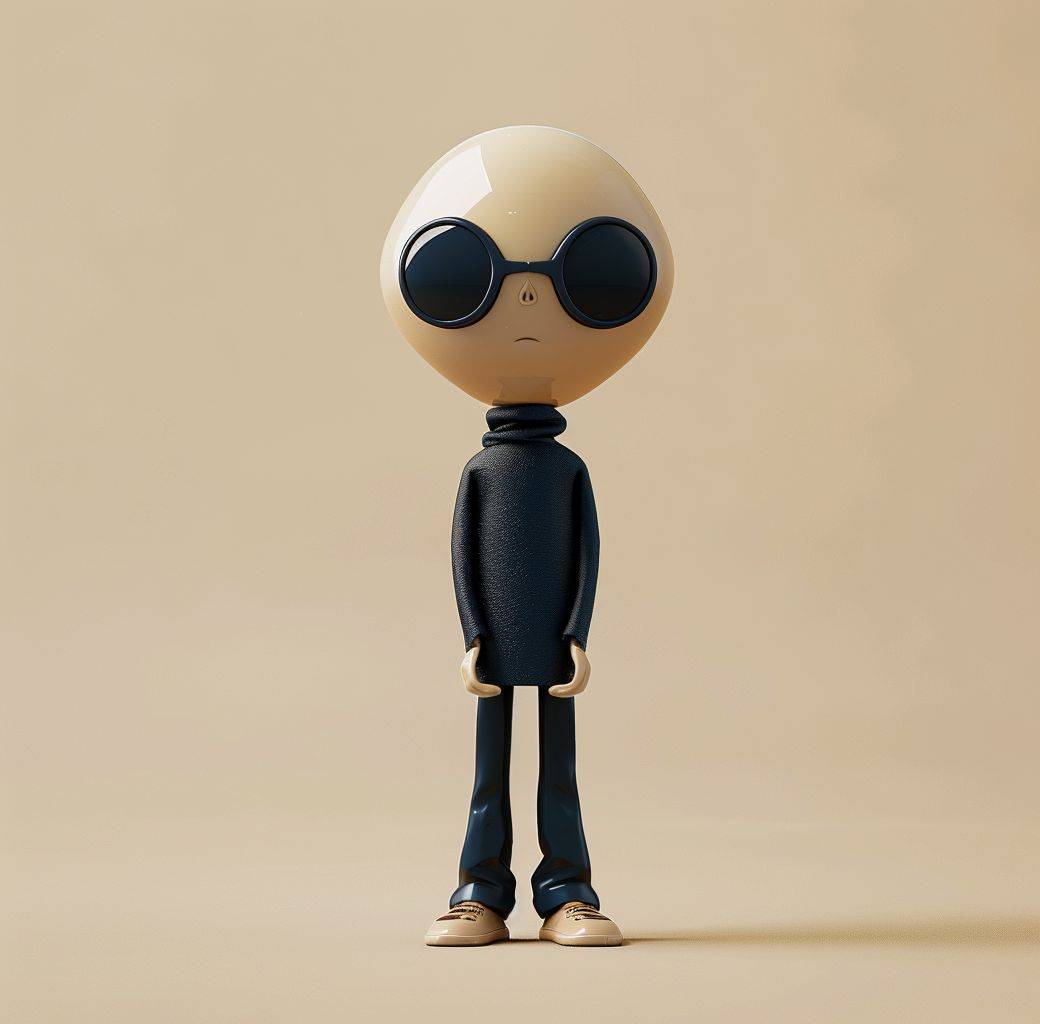 A small, figure standing with accessories, in the style of cartoonish style, dark blue and beige, hyper-realistic, cartoon-like characters, ray tracing, rich and tonal, cartoon-inspired pop