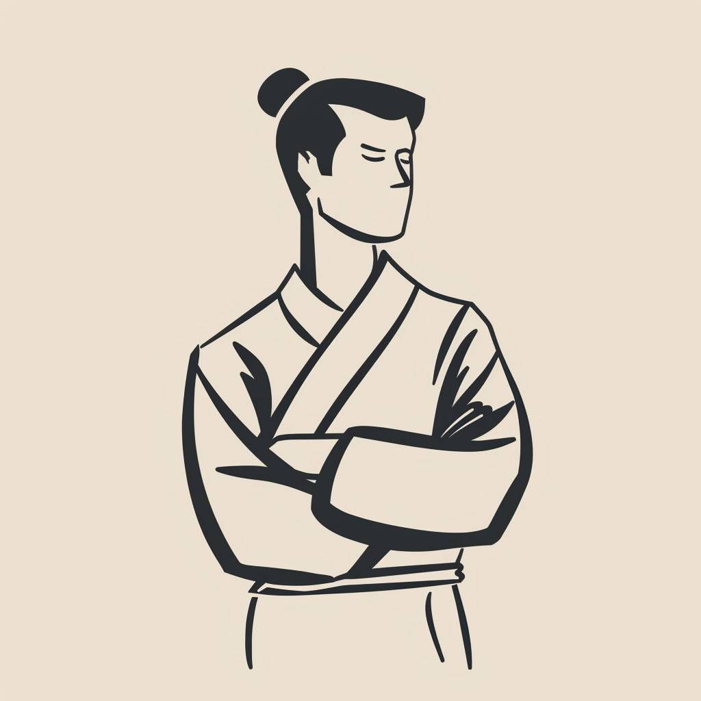Design a highly simplified, icon-like line drawing of a sushi chef with arms crossed, using only the color #a19dcd for the lines. This character should be rendered in a hand-drawn style that captures the essence of the chef's attire and posture in minimalistic detail, suitable for easy recognition and use as an icon. The chef's traditional garb and confident stance should be implied through the economy of lines, with the focus on creating a clear, recognizable silhouette that communicates professionalism and the art of sushi preparation. This drawing aims for an abstracted representation that retains the chef's cultural and professional identity, making it versatile for use in various public institution materials as a distinctive, elegant symbol.