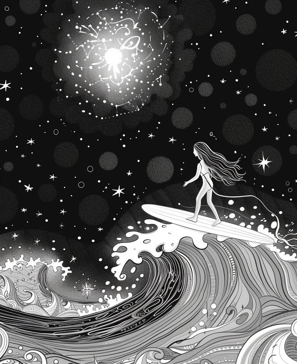 Illustrate a Girl on a surfboard surfing some surreal waves, stars shining bright in the background, cartoon style, thick lines, low detail, no shading, no colours