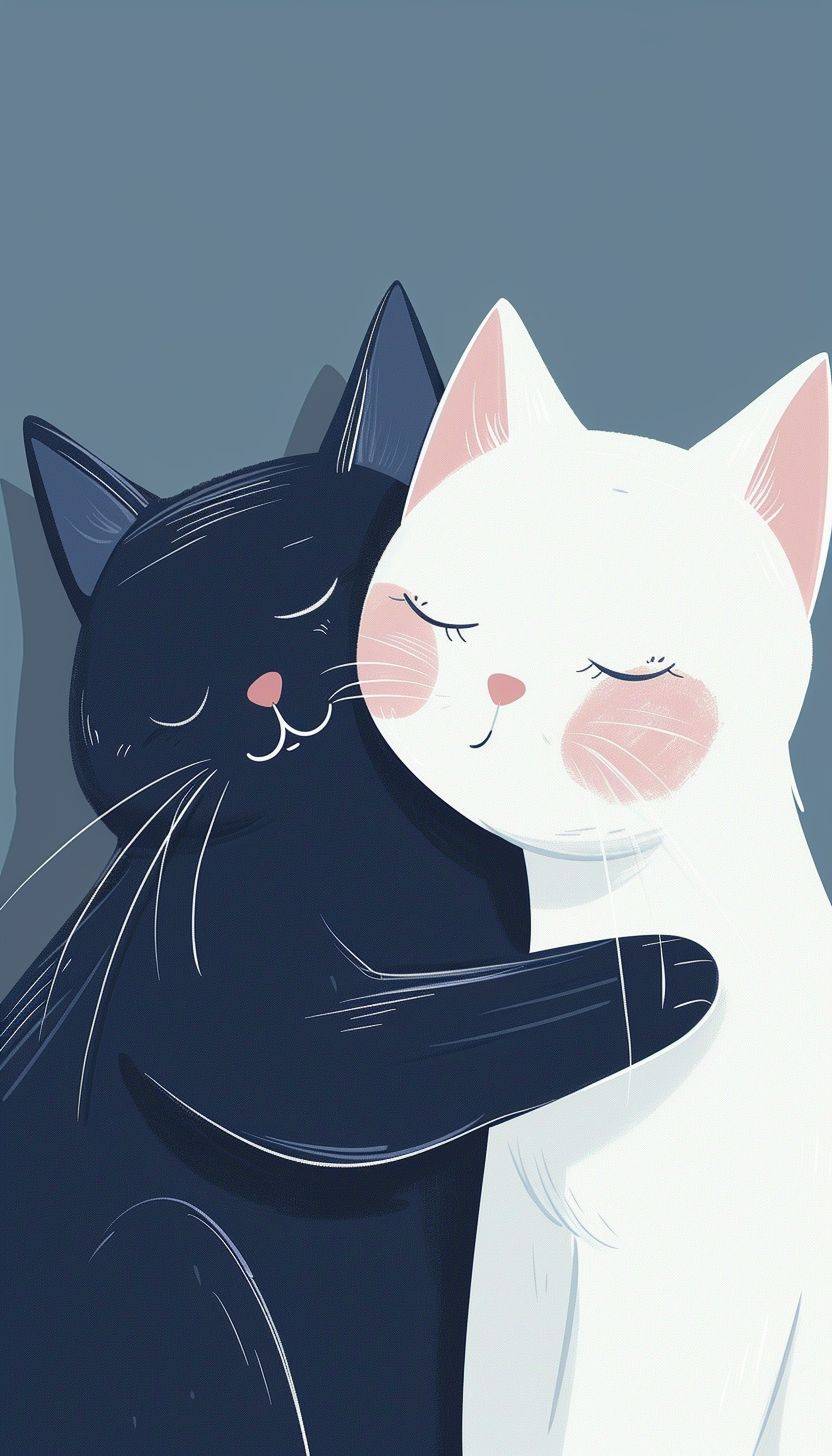 This image portrays two cats in a loving embrace. On the left, there's a navy blue cat with its eyes closed, showing a contented facial expression with a slight smile, indicative of affection or comfort. Its ears are pointed and the inner ear is a pale pink, which matches its nose. This cat appears to be nuzzling the white cat beside it. The cat on the right is white, also with its eyes closed and a joyful, serene expression on its face. Its nose and the inner ears are light pink, similar to the blue cat, and it has a few simple lines for whiskers. The white cat seems to be completely at ease, with its head gently resting against the blue cat's face. Both cats are illustrated in a minimalist style, with little to no detailing beyond the necessary features to convey emotion. The background is a cool, muted grey-blue tone that doesn't detract from the subjects. The cats' embrace looks quite human-like in its portrayal of warmth and companionship, suggesting a deep bond between the two. The simplicity of the design, with its block coloring and absence of intricate details, gives the image a modern and stylized look.