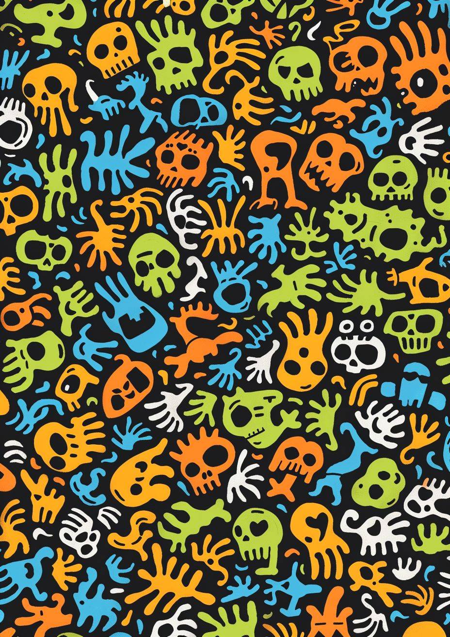 Keith Haring inspired colorful artwork of fun characters, colorful skulls and quirky ghosts