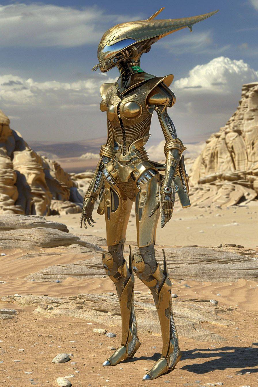 Alien creature in desert art HD, in the style of futuristic glamour, dark beige and gold, low depth of field, solarpunk, surrealistic poses, expansive skies, captivating ::1 , an alien woman walking in the desert, in the style of elaborate spacecrafts, highly detailed figures, depth of field, craola, light bronze and gold, , realistic figures ::1