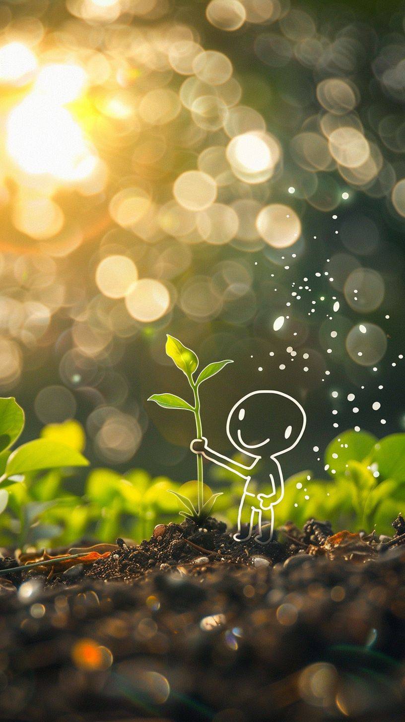A white line art stick figure with a smile on his face, is planting small plant seeds (line art) in the ground. The background is a bokeh effect flower garden with burning green and white light dots, with sunlight penetrating through the leaves, detailed, hyper realistic, uhd. Make sure the visual impression is creative and attractive.