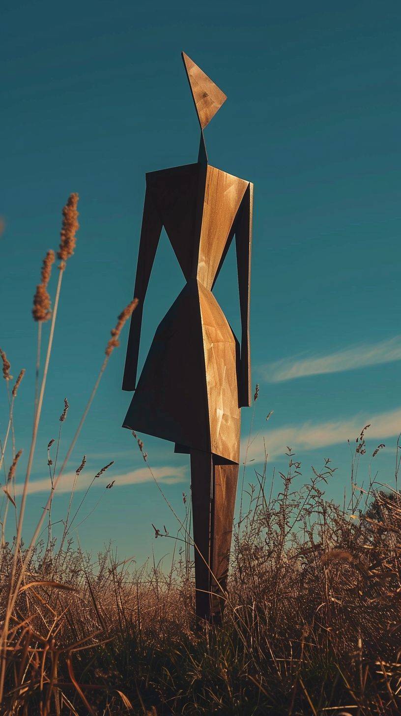 A large statue has been in the middle of a field, in the style of geometric precision, lHiroshi Sugimoto color photography , a mystery serene scene with a minimalist composition, a large statue has been in the middle of a field, in the style of geometric precision, light sky-blue and dark gold, thin steel forms, snailcore, minimalist reduction, zigzags, realistic blue skies, floating rocks in the desert, atacama desert, levitating rocks, subtle gradations of light, and a captivating interplay between the ephemeral and the eternal, art by Cerith Wyn Evans