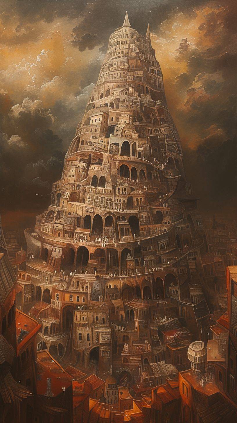Tower of Babel, in the style of terraced cityscapes, flowing surrealism, Slovenian paintings, orange, rustic renaissance realism, Anatoly Metlan, high contrast compositions
