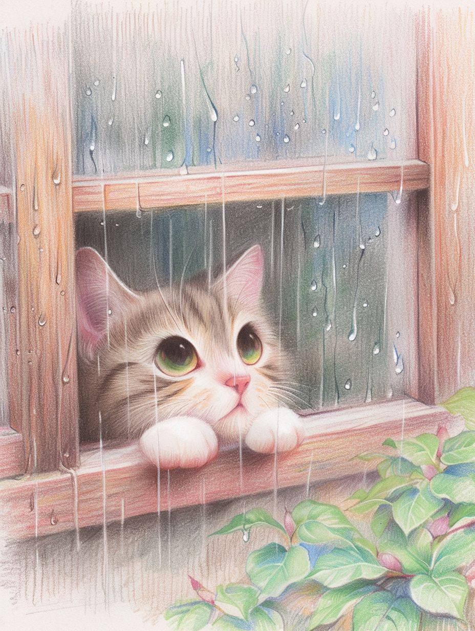 雨の降る中、窓の外を見つめる可愛い猫がいます。これは子供向け絵本のようなスタイルの色鉛筆イラストで、パステルカラーとシンプルな線で描かれています。