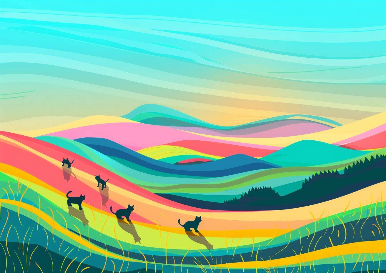 Simplified cartoon image, depicting a picturesque landscape with an unreasonable amount of cats, negative space, datamoshing glitch effect