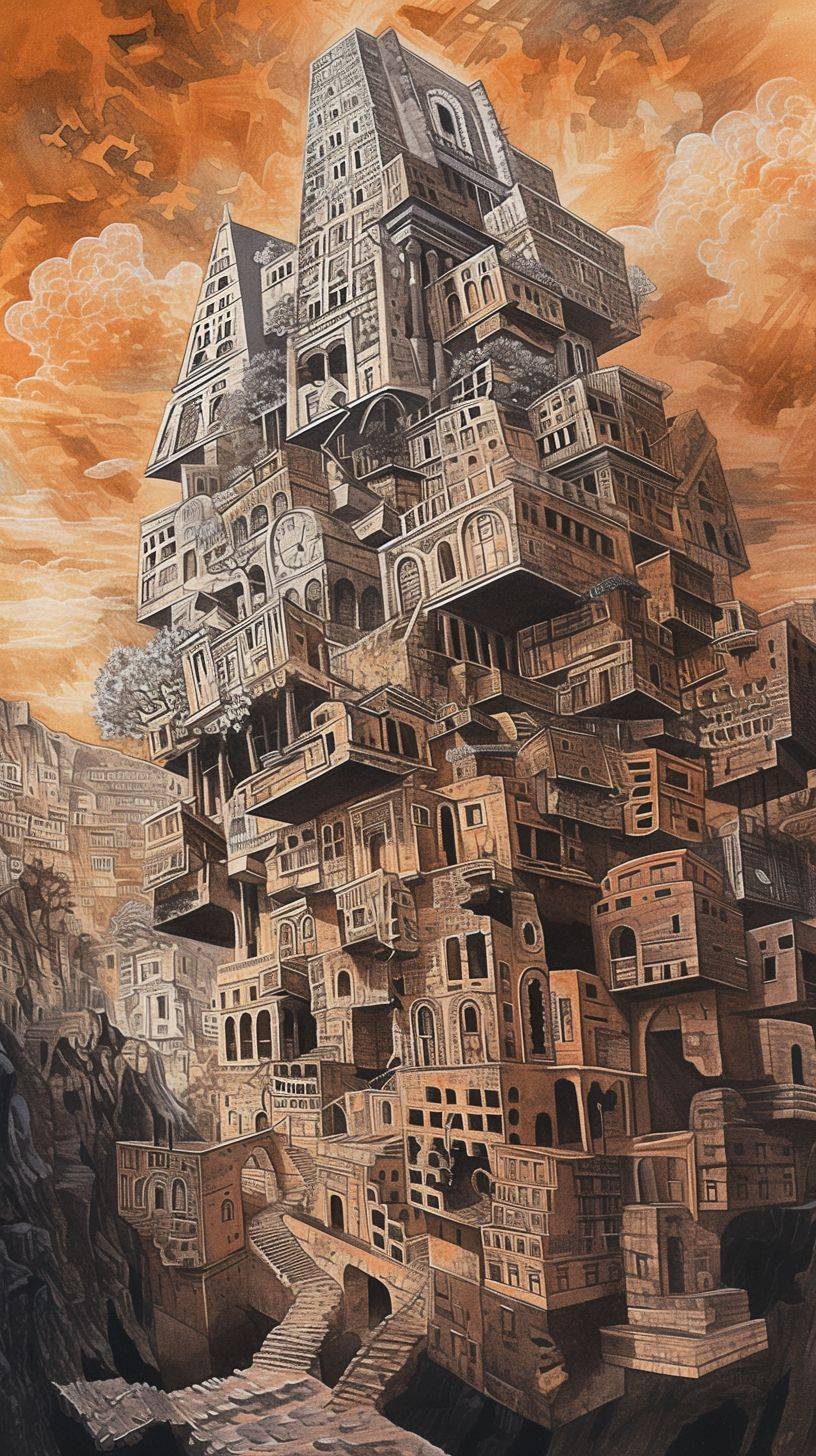 Tower of Babel, in the style of terraced cityscapes, flowing surrealism, Slovenian paintings, orange, rustic renaissance realism, Anatoly Metlan, high contrast compositions