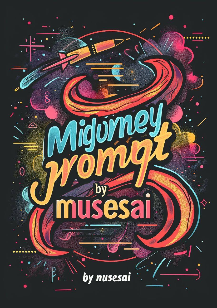 "Midjourney prompt by musesai", in the style of colorful cartoonish style typography, on a black background, vector design, flat color, vector illustration, simple, colorful.