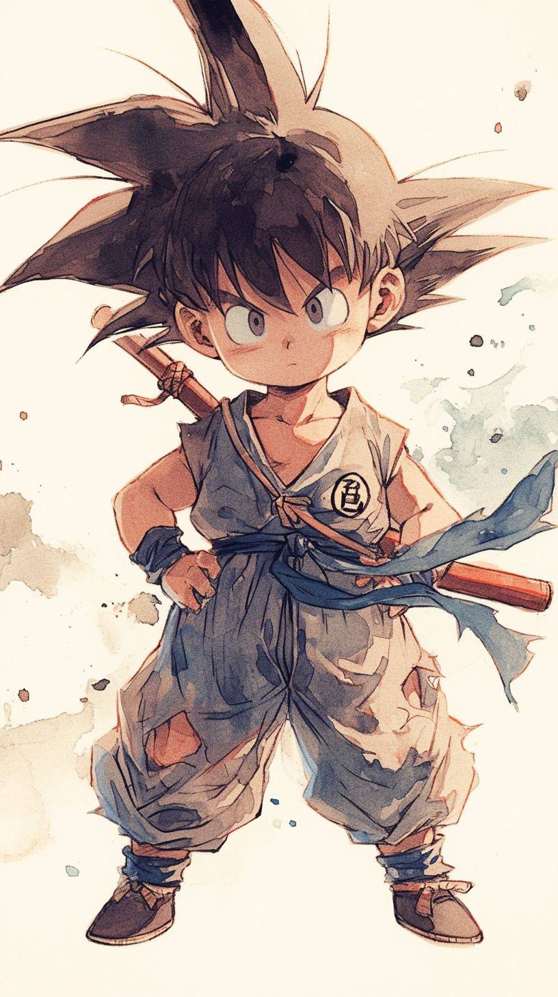 Little Goku in the anime Dragon Ball, colour pencil, vintage aquarelle, collage, dabbed brushstrokes, dark outlines, white background, strong visual flow