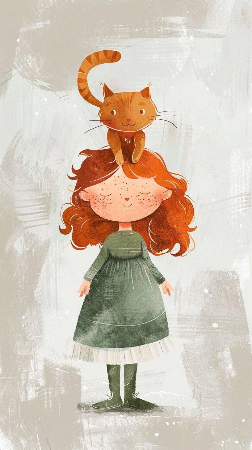 A flat digital illustration of an adorable little girl with freckles and her ginger cat. She is dressed in a long-sleeved green dress with a white skirt at the bottom. The background color has subtle strokes of light gray, creating a soft atmosphere. Her expression radiates happiness as the cat sat on top of her head. In the style of Femke Nicoline Muntz, Berk Öztürk, Víctor Rodriguez & Amalia Restrepo